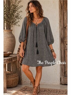 ANAAK NWT Dark Chambray Tassel Tie Lagenlook Cotton Dress 3 (L)